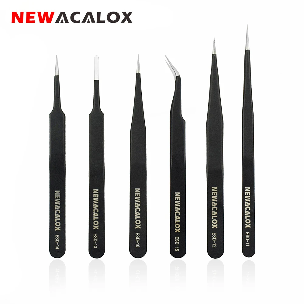 NEWACALOX 6 шт./компл. ESD анти-статические и антимагнитными свойствами неагрессивных Нержавеющая сталь Пинцет Набор для электроники телефон ремонт инструмента