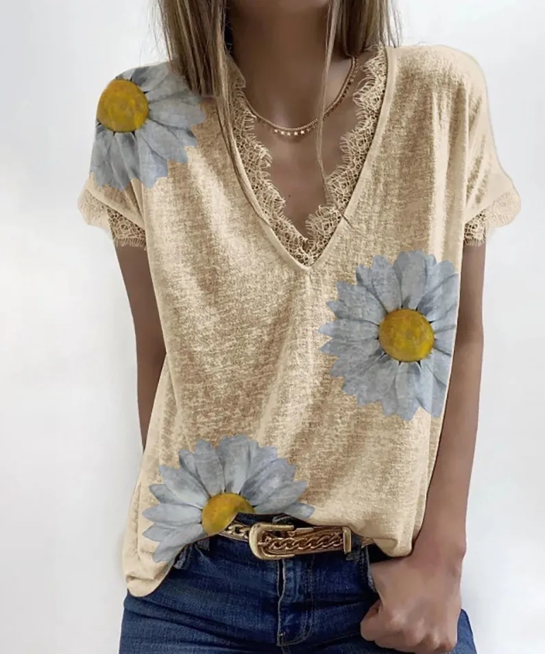 Летняя Кружевная футболка с V-образным вырезом и принтом Женский Повседневный