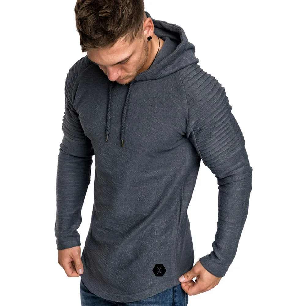 

New Men's Slim Solid Color Hooded Long-sleeved T-shirt Striped Folds Raglan Sleeves Hooded Foreign Trade Men's Spring