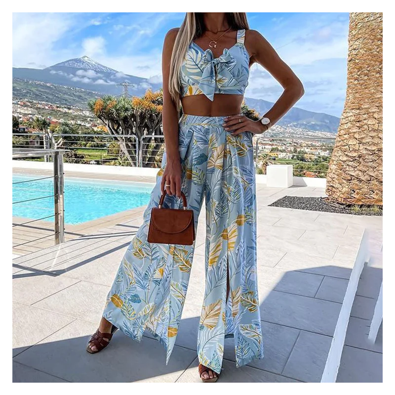 Жилет на бретелях с цветочным принтом свободные пляжные брюки из двух предметов