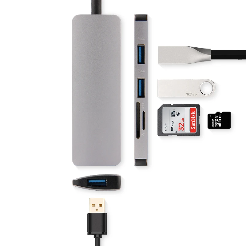5 in 1 USB and Card Ajiuyu USB C концентратор type-C адаптер док-станция Thunderbolt 3 мульти порт HDMI VGA USB RJ45 Gigabit Ethernet сплиттер для MateBook Pro Air - Цвет: 5 in 1 USB and Card