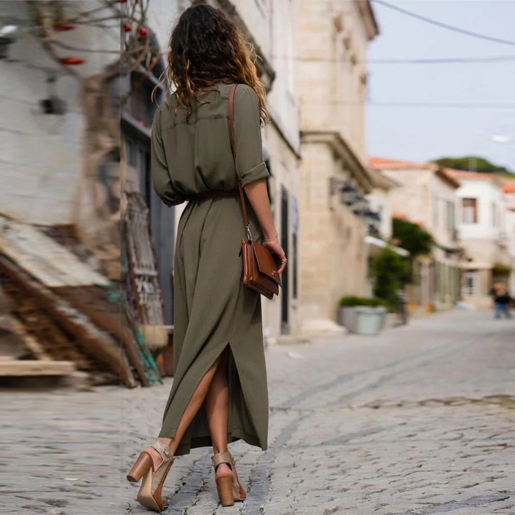 Bikitique свободное однотонное платье-рубашка с длинным рукавом и воротником для