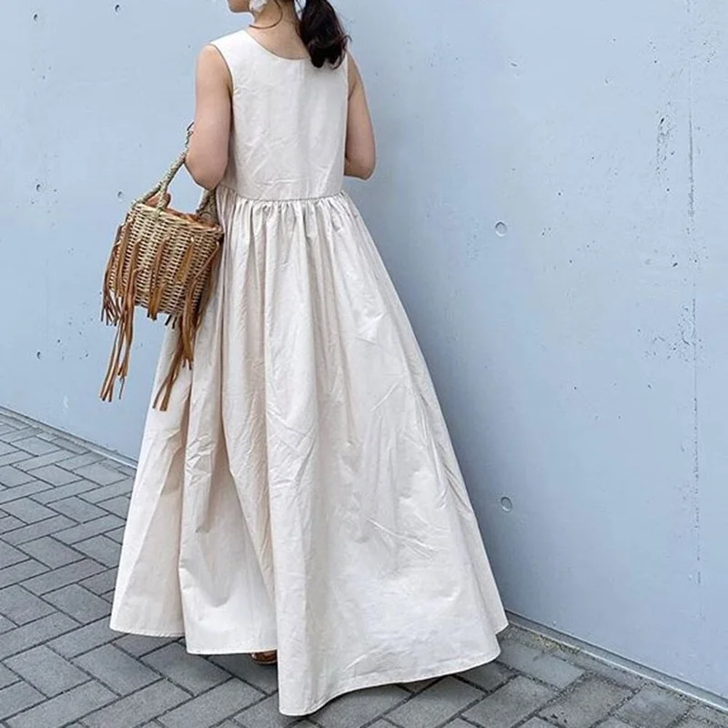 

KUSAHIKI 2021 Summer Woman Tank Dress Korean Causal Sleeveless V-neck Vestidos Femme High Waist A-line Ankle Dresses 6G574