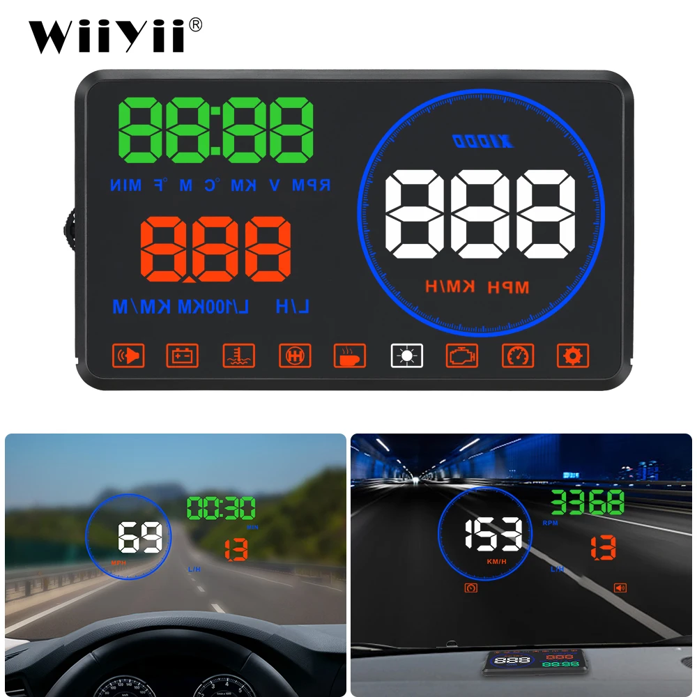 

Автомобильный дисплей WiiYii M9 HUD, проектор на лобовое стекло 5,5 дюйма, OBD2, дисплей данных о вождении автомобиля, скорость об/мин, расход топлива,...