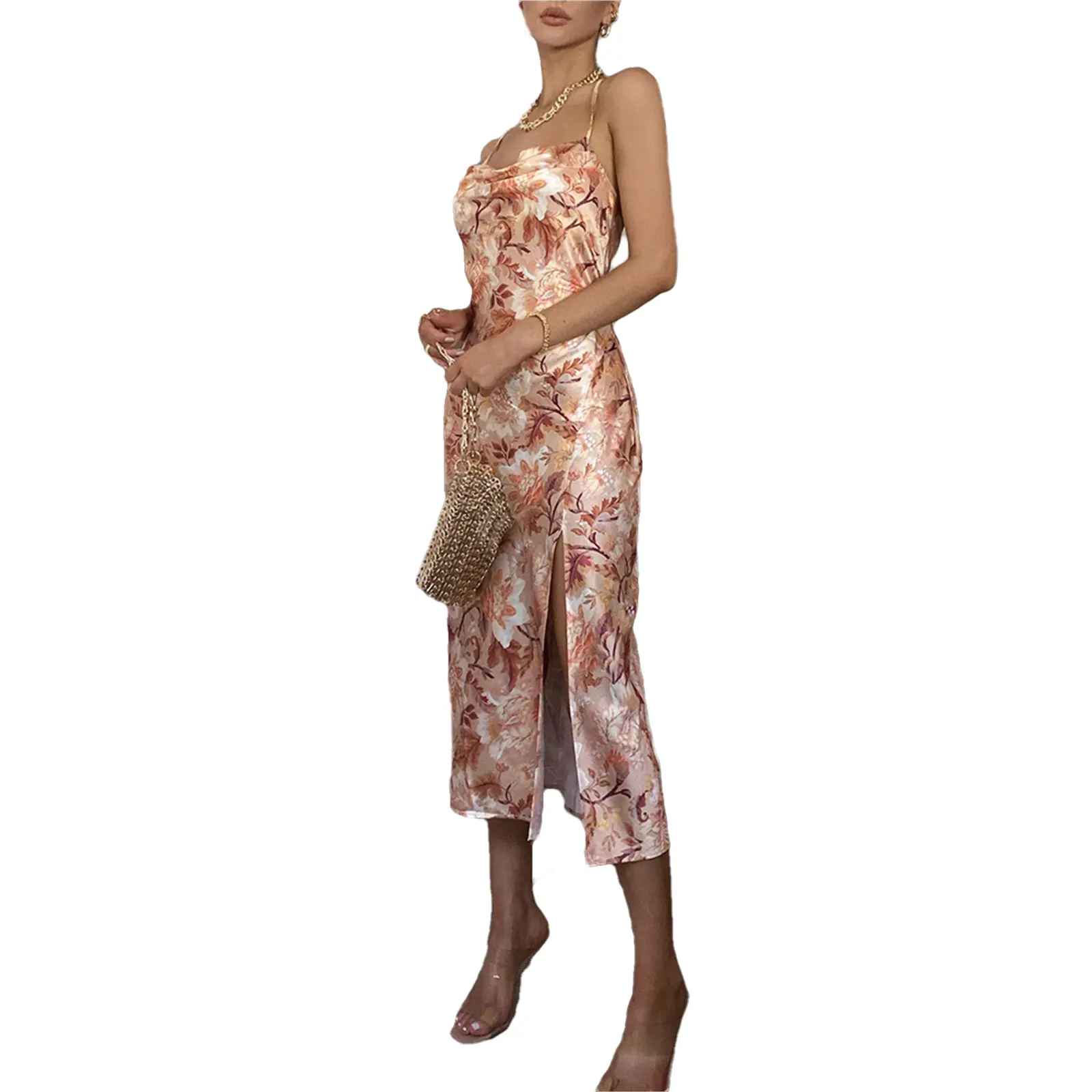 

Sexy Women Floral Print Sling Dress Sleeveless Hem Split Summer Cross Backless Party Clubwear Female Fashion Sundress 2021 New
