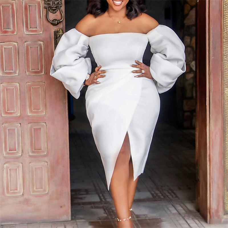 

New Women Tube Top Dress Strapless Stylish Off Shoulder Oversized Lantern Long Sleeve Dresses African Night Party Club Robes