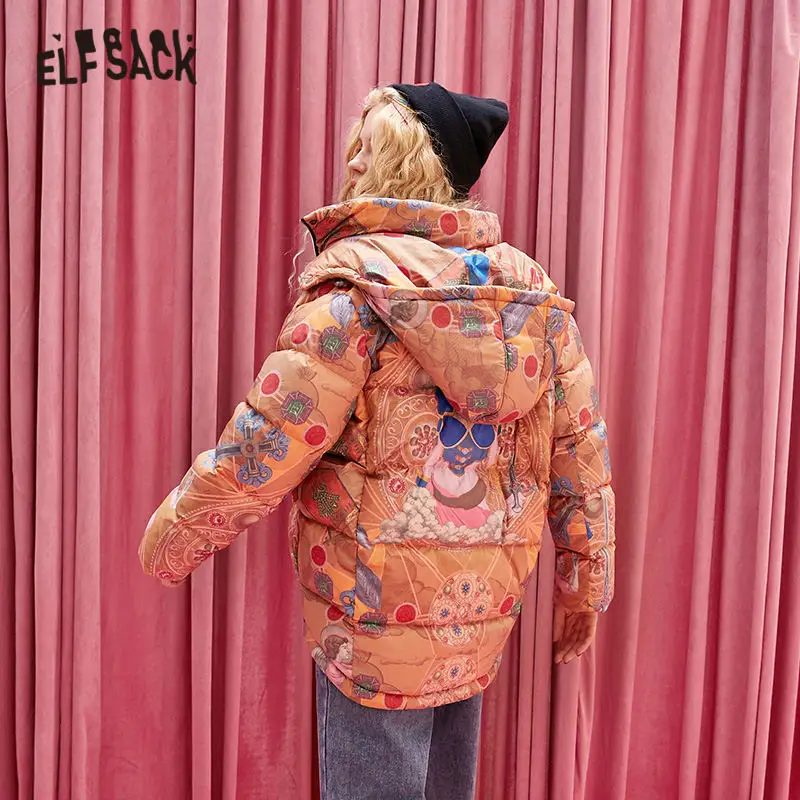 ELFSACK, оранжевый, цельный, прямой, теплый, пуховик для женщин,, зима, новинка, длинный рукав, повседневная, офисная, для девушек, базовая верхняя одежда