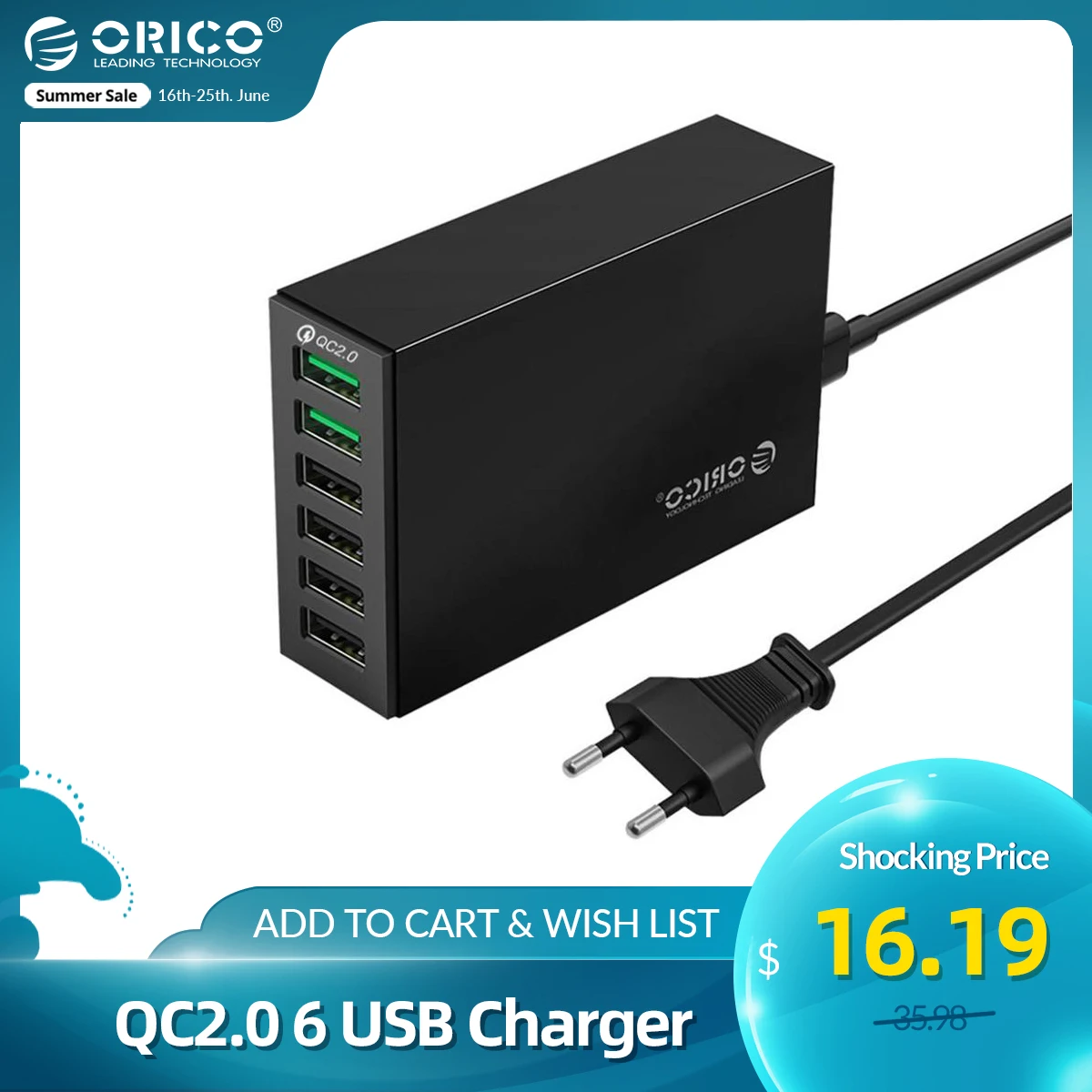 Портативное зарядное устройство ORICO QC2.0 с 6 портами для iPhone Samsung Xiaomi Huawei|quick usb