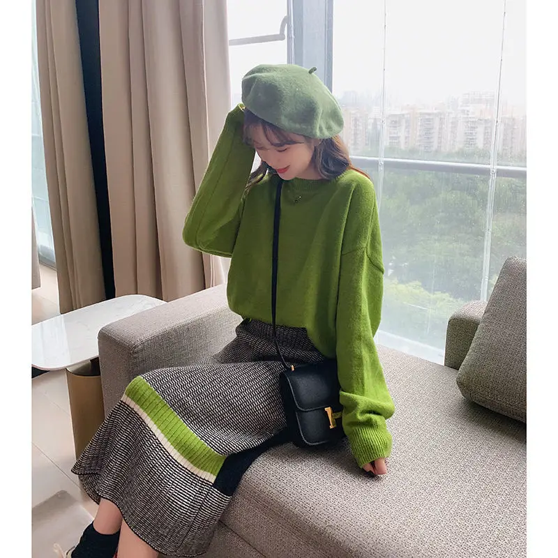 

2021 Autumn Korean Knitted Two Piece Skirt Suits Sets Women Long Sleeve Sweater + Elastic Waist Color-blocked Skirt Outfits Y292