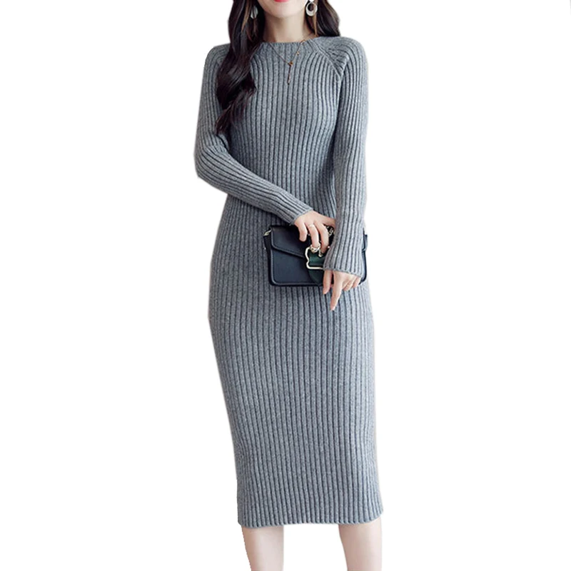 Voobuyla Slim Knitting Dress O Neck Knit Long Sleeve Women Bodycon Pencil Office Lady Autumn Winter Vestido | Женская одежда