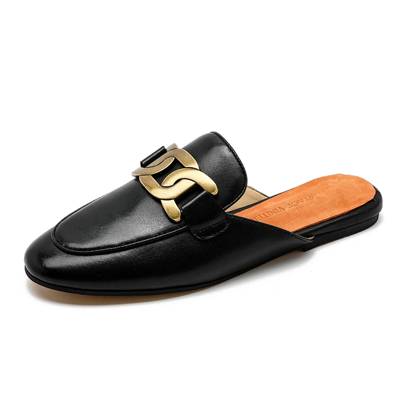 

Fashion Luxury Brand Summer Black Cowhide Mules Women 2021sheepskin Flat Sandals Square Genuine Leather Slippers Brown
