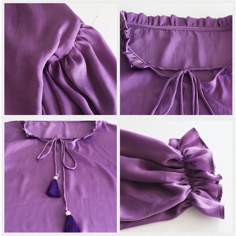 Autumn Women Spring Novelty Vintage Personality Lantern Sleeve Tassel Tie Collar Loose All-Match Basic Shirt Purple | Женская одежда