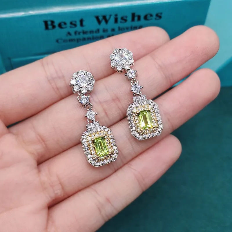 

925 Silver Hypoallergenic Dangle Earrings Female Olive Emerald Princess Cut Citrine White Zircon Inlaid Jewelry Wholesale
