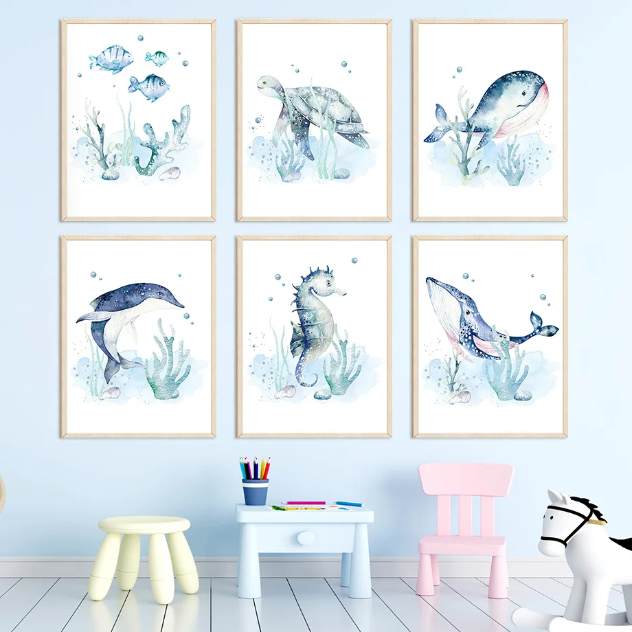 

Watercolor Marine Life Whale Dolphin Nursery Nordic Posters And Prints Wall Art Canvas Painting Wall Pictures Child Room Decor