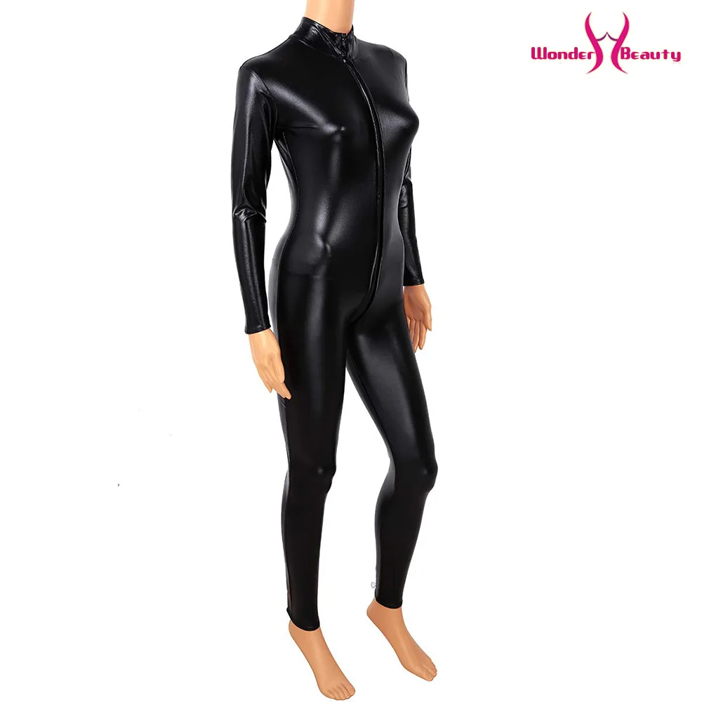 Черный Винил Комбинезон Wetlook Catsuit PU искусственная кожа Комбинезон для женщины zentai латексный комбинезон на молнии до промежности полюсный танцевальный костюм
