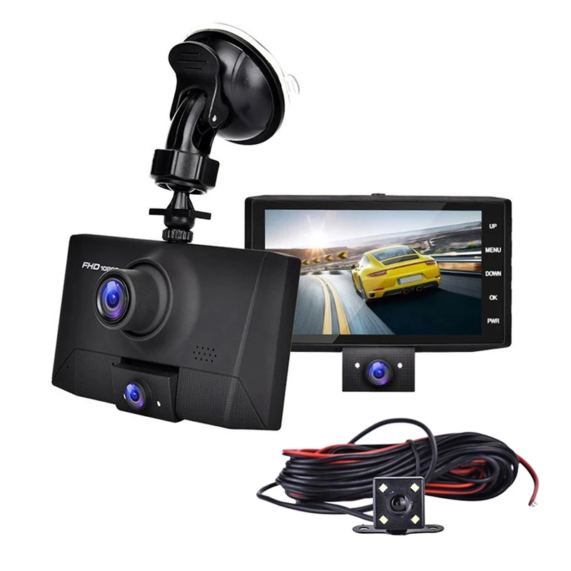 

4'' HD 1080P 3 Lens Car DVR Dash Cam Vehicle Video Recorder Rearview Camera 170 Car rear view camera Car video recorder
