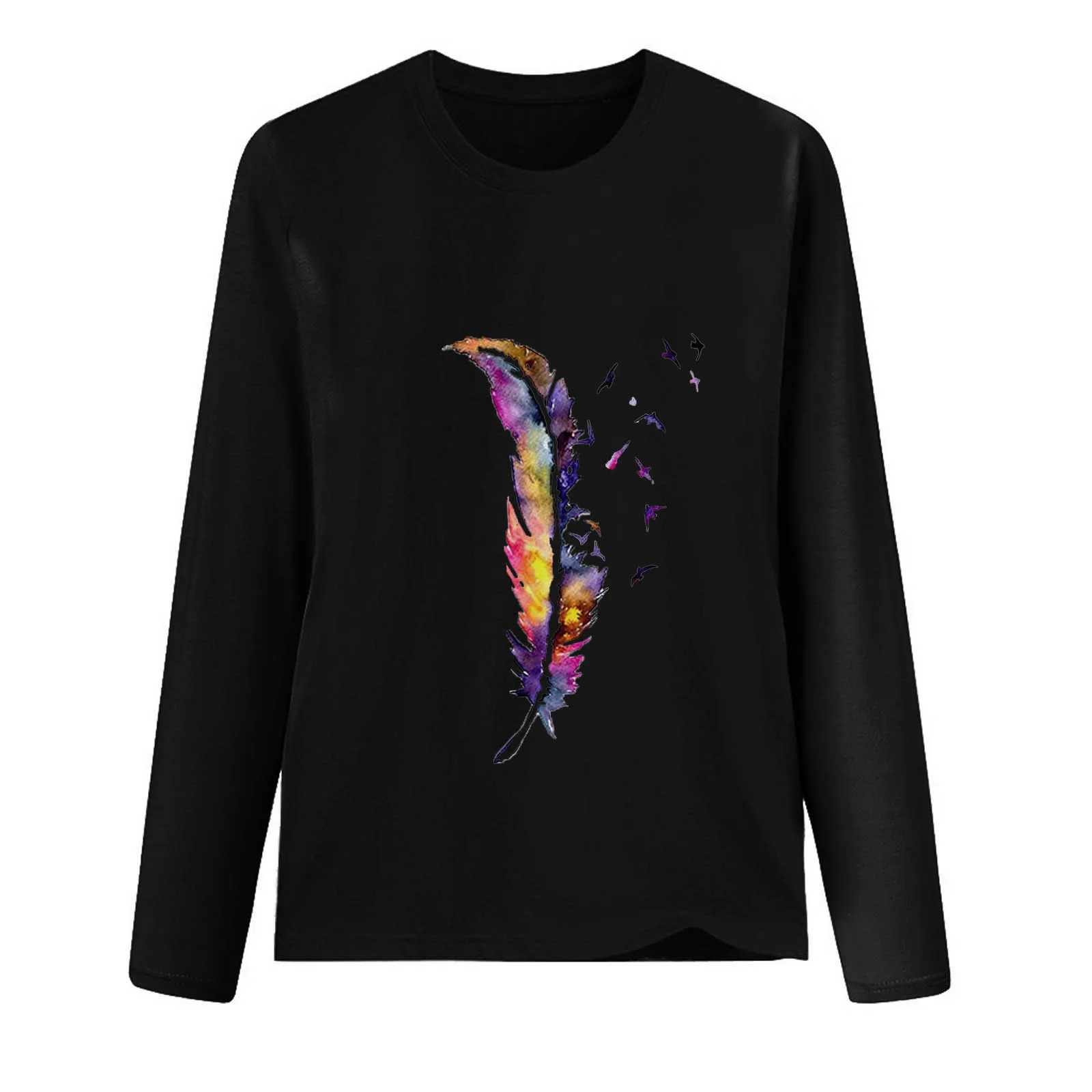 Женская футболка с графическим принтом перьев Модная хлопковая одежда длинным