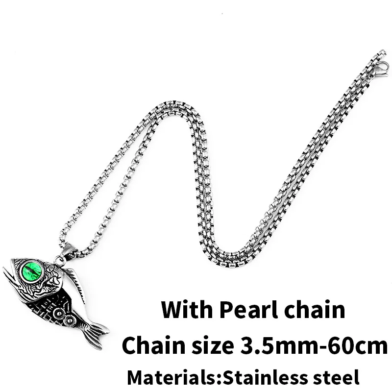 with pearl chain Стальной солдат Рыбная кость с зеленым глазом шейный популярный кулон из нержавеющей стали мужские уникальные ювелирные изделия - Окраска металла: with pearl chain
