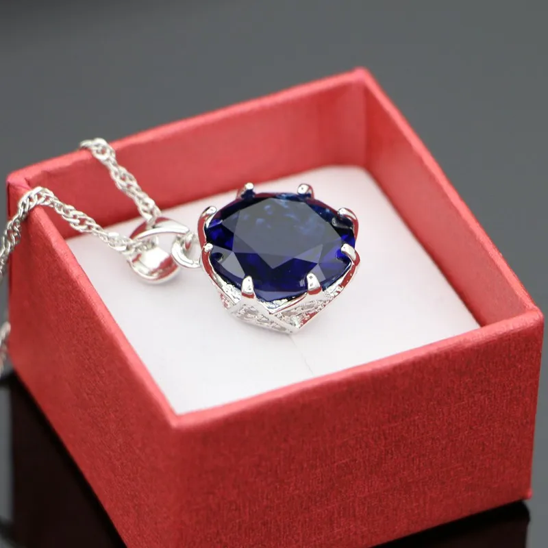 Silver 925 Round Pendant Necklace for Women Blue Cubic Zirconia White Crystal Party Accessories | Украшения и аксессуары