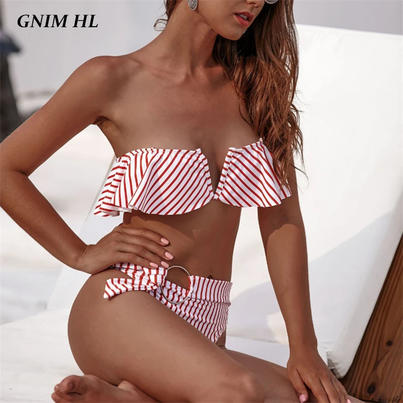 

GNIM Высокая Талия бандо Бикини, для женщин, 2019 Новый рюшами Купальники с v-образным вырезом полосатый купальник Для женщин сексуальный бразил...