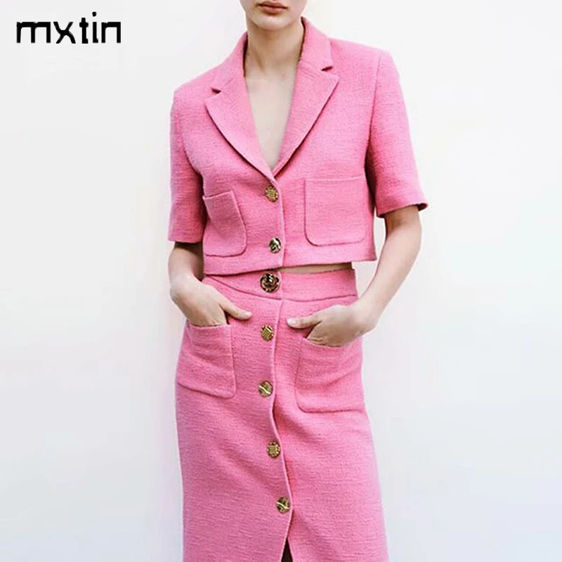 

MXTIN 2021 Women Vintage Single Breasted Tweed Short Jacket Coat Fashion Pockets Outerwear Casual Chic Tops Chaqueta Mujer