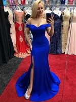 royal blue split formal party mermaid long women prom dress 2020 off shoulder satin ladies evening gowns vestidos arabes fiesta