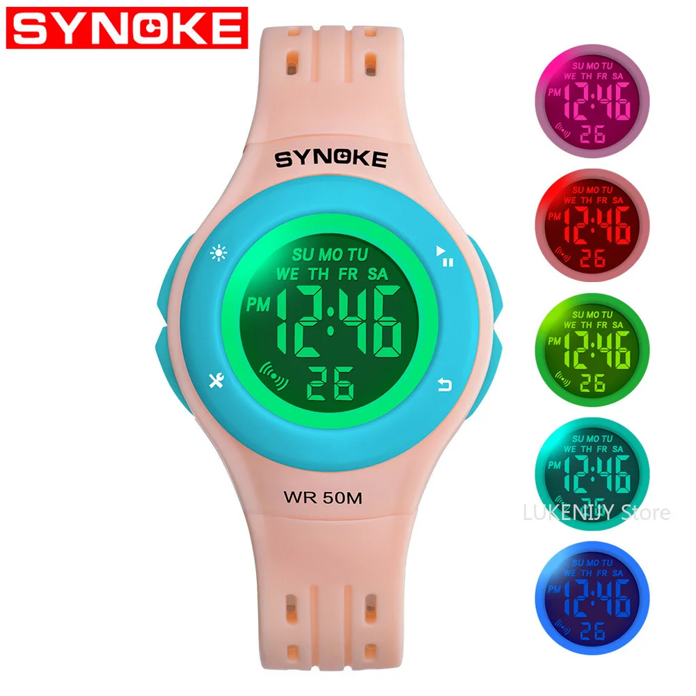 

Synoke Hot-Selling New Products Children's Seven Colors Noctilucent Electronic Watch Waterproof Multifunctional Sports St