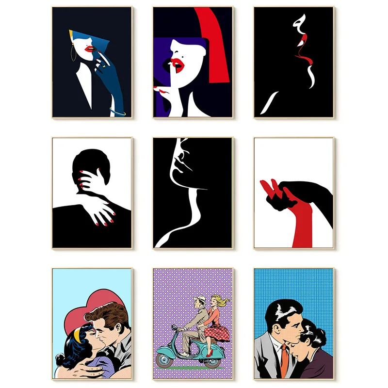 

Abstract Red Lips Beauty and Black White Figures Painting Picture Poster Prints Nordic Modern For Living Room Home Decoration