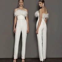 elegant strapless wedding pants suits 2021 sleeveless backless jumpsuits wedding for bride feathers zipper vestido de novia