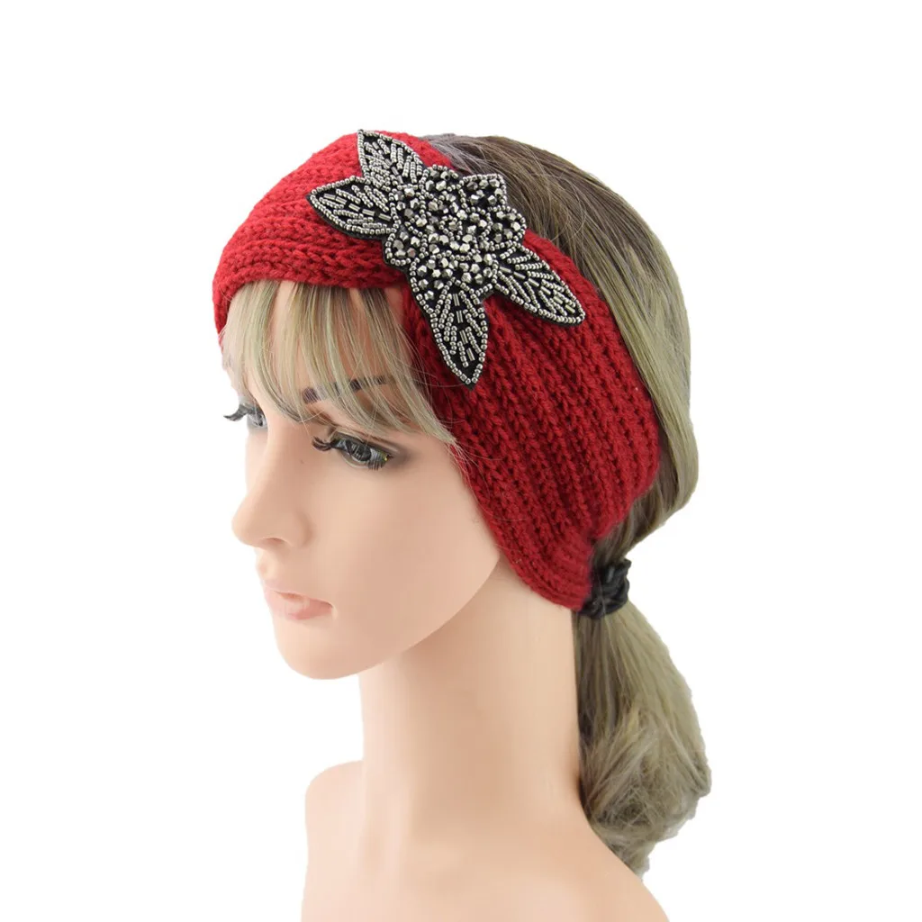 

Rhinestone Leaves Woman Hair Bands Fashion Thermal Knitting Wool Female Head Hairband Sweet Elegant Vintage Ladies Hair Bands