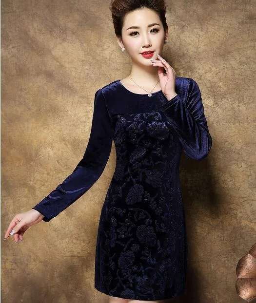 2019 Новое Осеннее бархатное платье больших размеров для женщин среднего возраста