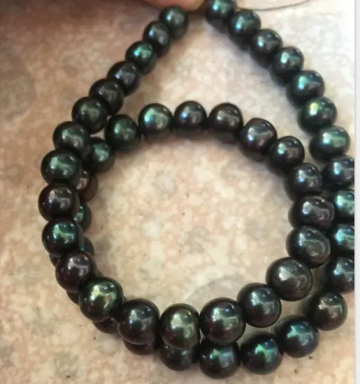 stunning 9-10mmAAA freshwater round black green pearl necklace 18inch 925silver