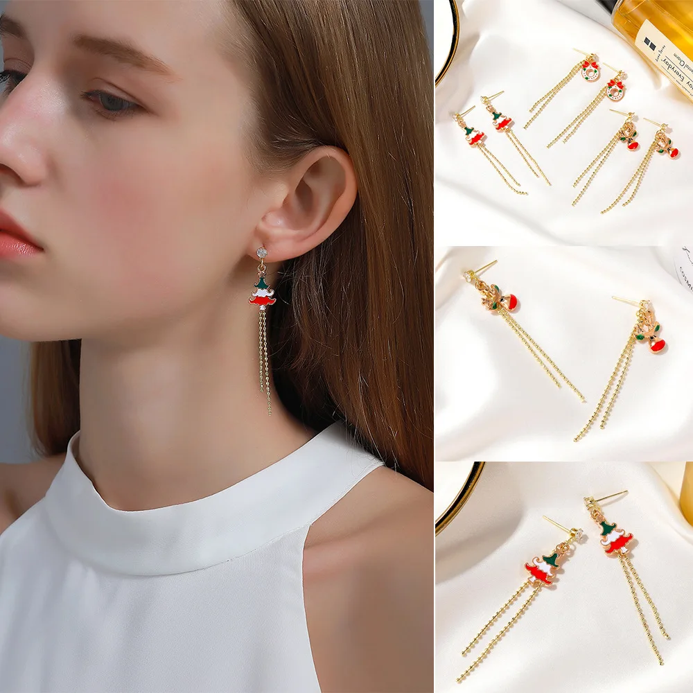 

Christmas Earrings Gold Color Elk Christmas Tree Long Tassel Drop Earrings for Women Fashion Holiday Gift Jewelry 2020 Trend New