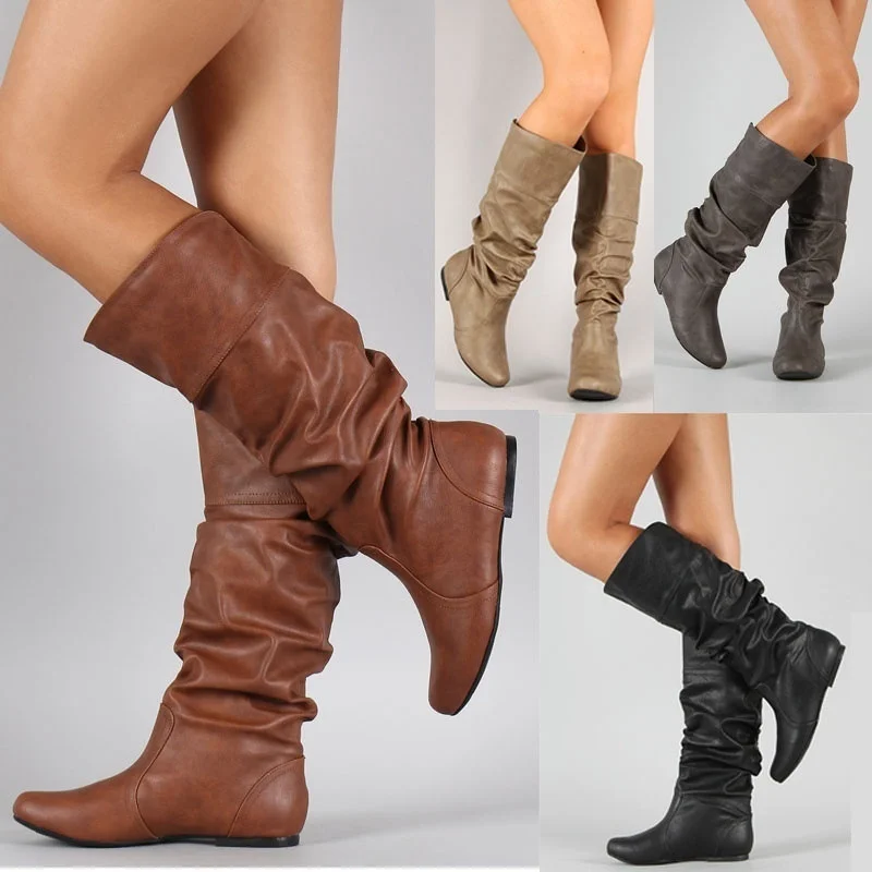 

Women Leather Mid Calf Boots Casual Slip On Autumn Winter Wedge Long Botas Fashion Pleated Round Toe Black High Boot Shoe Female