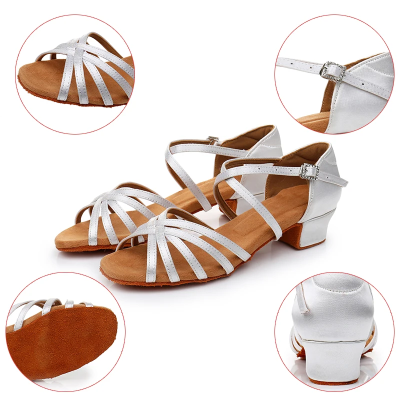 HROYL Girls Dance Shoes Ballroom Children Latin Dance Shoes Satin Women Ladies Tango Dancing Shoes Salsa Sandal Low heels