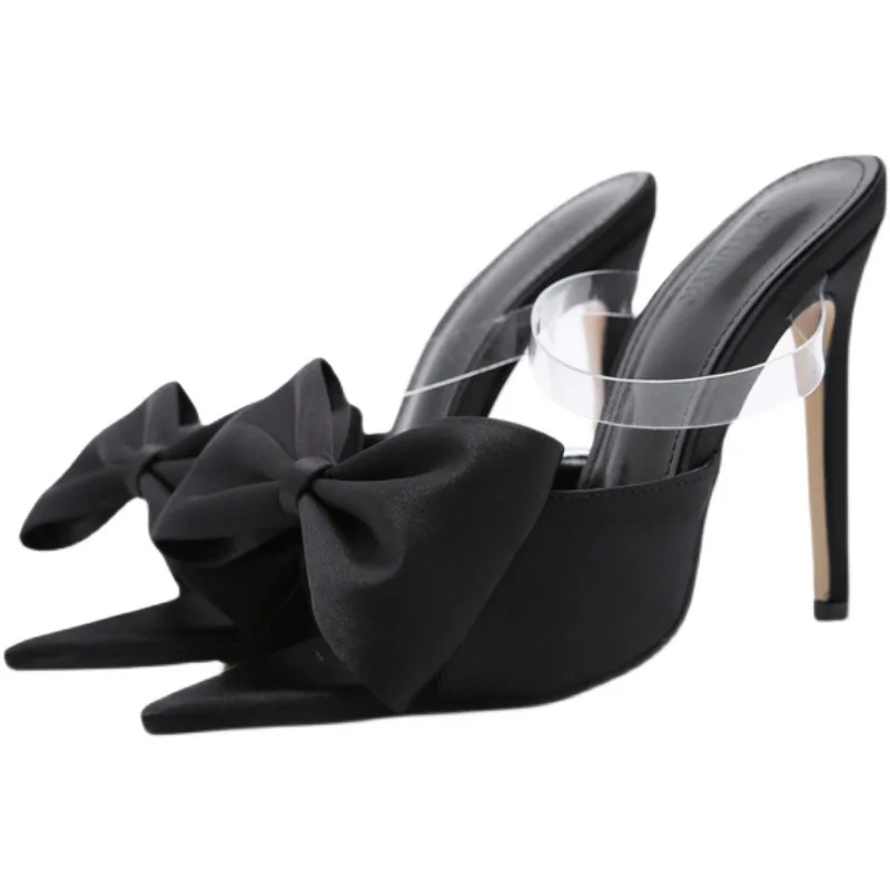 

2021 spring fashion bow thin high heel fish beak Satin pointed large catwalk women's shoes 40