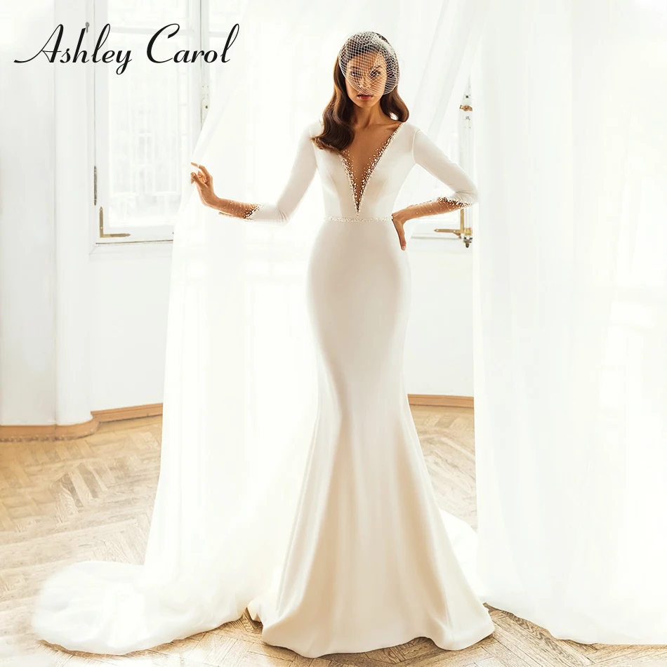 

Свадебное платье Эшли Карол Русалка 2023 Бисероплетение v-образным вырезом спинки невесты с длинным рукавом Пояса атласное свадебное платье Vestidos De Novia
