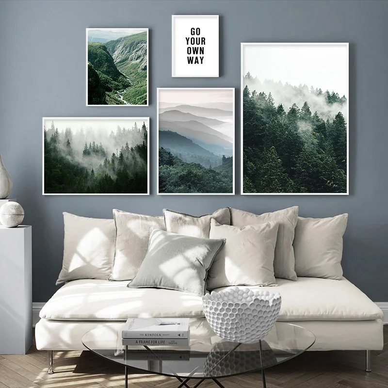 Горный Туманный лес Картина Пейзаж Плакат в скандинавском стиле Nordic украшения с пейзажным принтом настенный художественный холст для живо...
