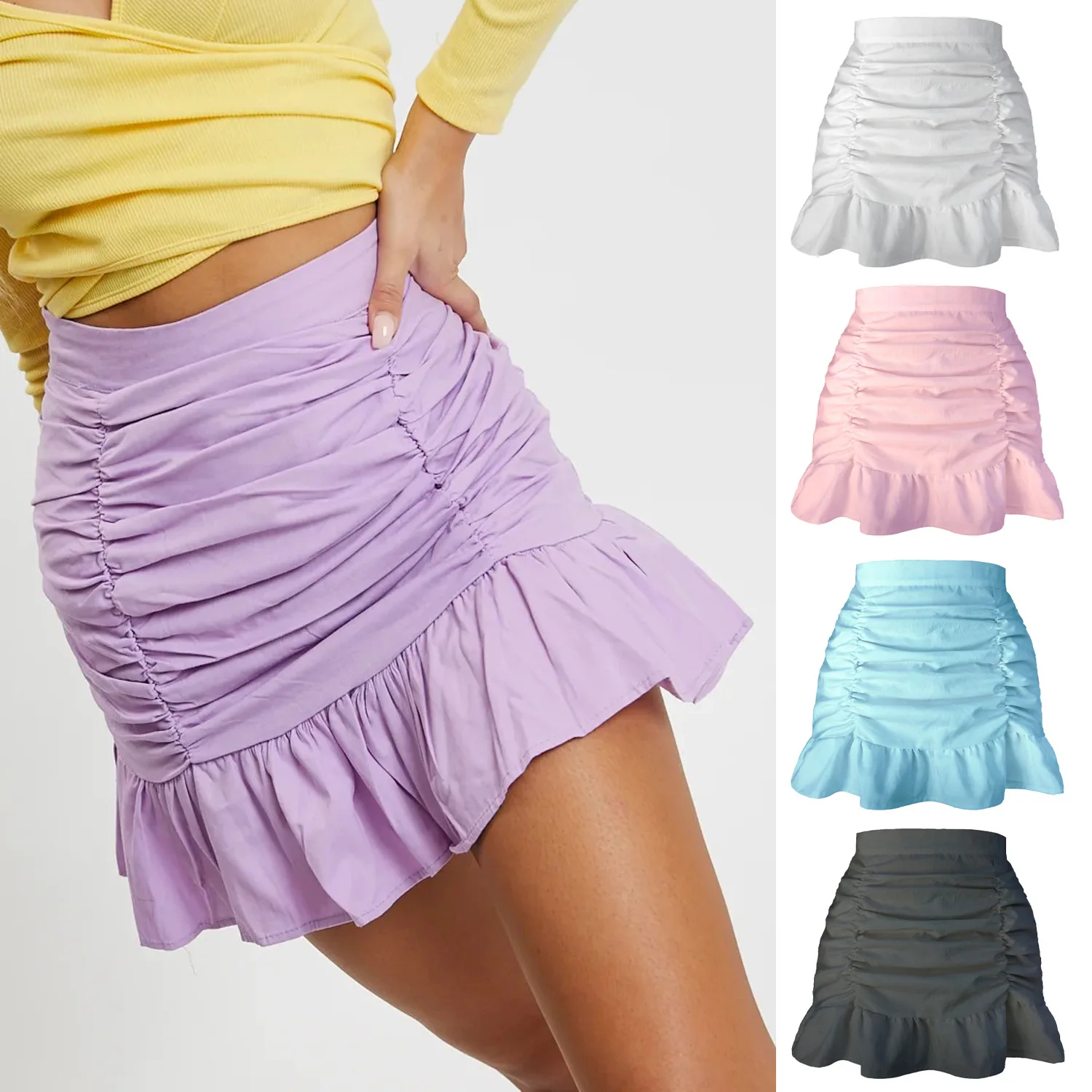 

2021 Women Summer Solid Pleat Zipper Fish tail Mini Skirt Ladies Elegant Sexy Korean High Waist Bodycon Slim Trumpet Skirt