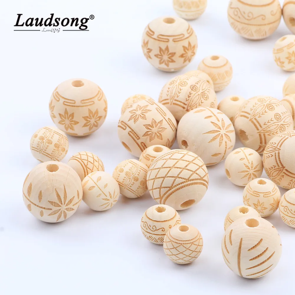 

20/25MM Natural Round Flower Pattern Wooden Beads For DIY Baby Pacifier Chain Teeth Chain Loose Space Bead Accessories