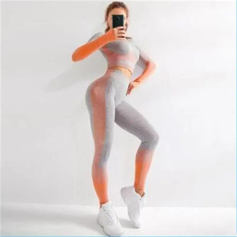 

High elastic seamless exercise yoga suit shows navel short stylelong sleeve hip tight exercise training fitness femme 2 sets