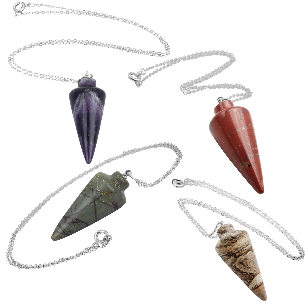 

Natural Gem Stone Cone Pendant Pendulum Reiki Energy Metaphysical Crystal Healing Chakra Balancing Women Men Jewelry(with chain)