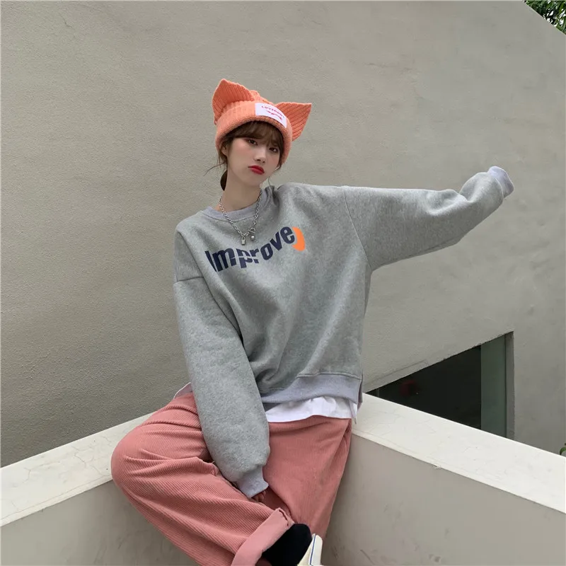 

XZ992 2021 Plus velvet thick fake two-piece split letter printing loose BF wind long-sleeved Sweatshirts women