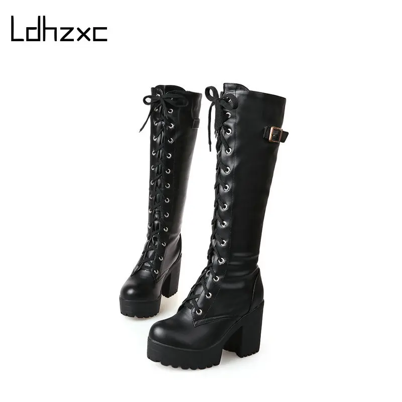 

LDHZXC Punk Women Boots Autumn Winter Female Knee-high Boots Round Toe Platform British Style High Heel Street Shoes