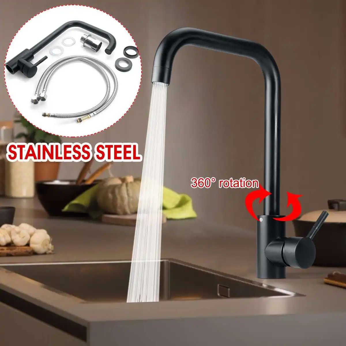 Black Stainless Steel Kitchen Faucet Sink Water Tap Hot and Cold Single Handle 360 Rotation Shower | Обустройство дома