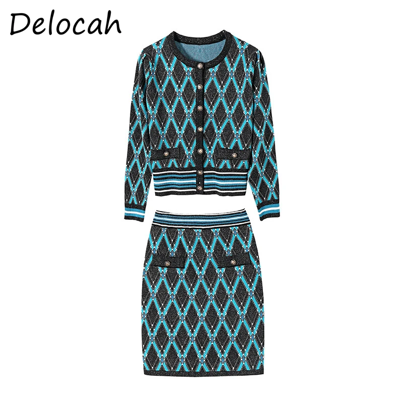 

Delocah Women Summer Fashion Designer Skirt Set Lantern Sleeve Loose Tops + High Waist Knitting Skirts 2 Two Pieces Suits 2021