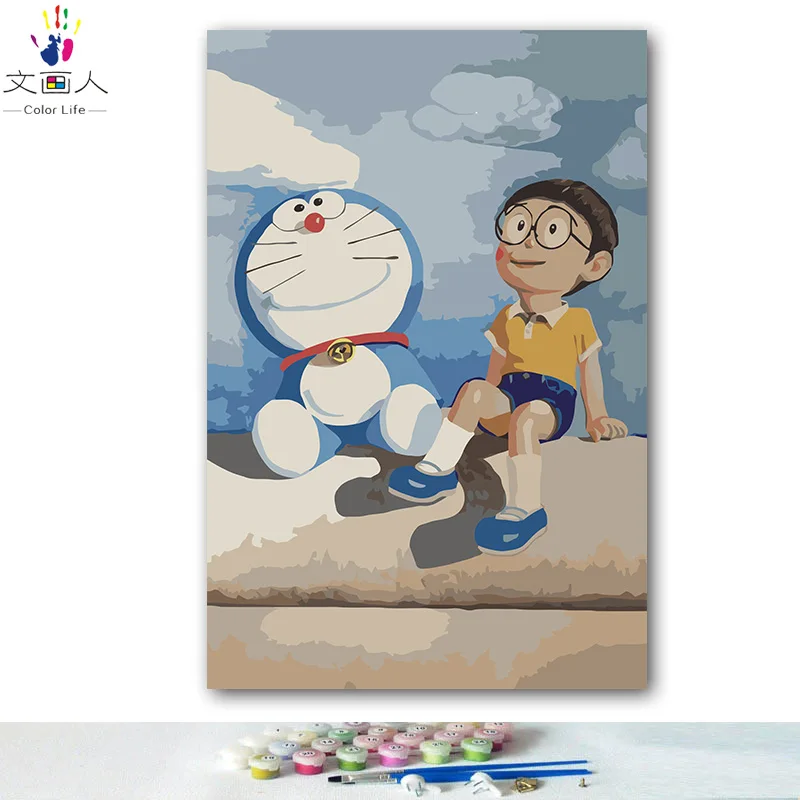 DIY colorings pictures by numbers with colors Doraemon Big bear robot cat picture drawing painting framed Home | Дом и сад