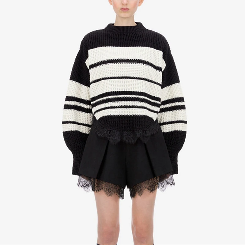 2019 Осень Зима Водолазка пуловер Джемпер черный белый полосатый женксие кофты