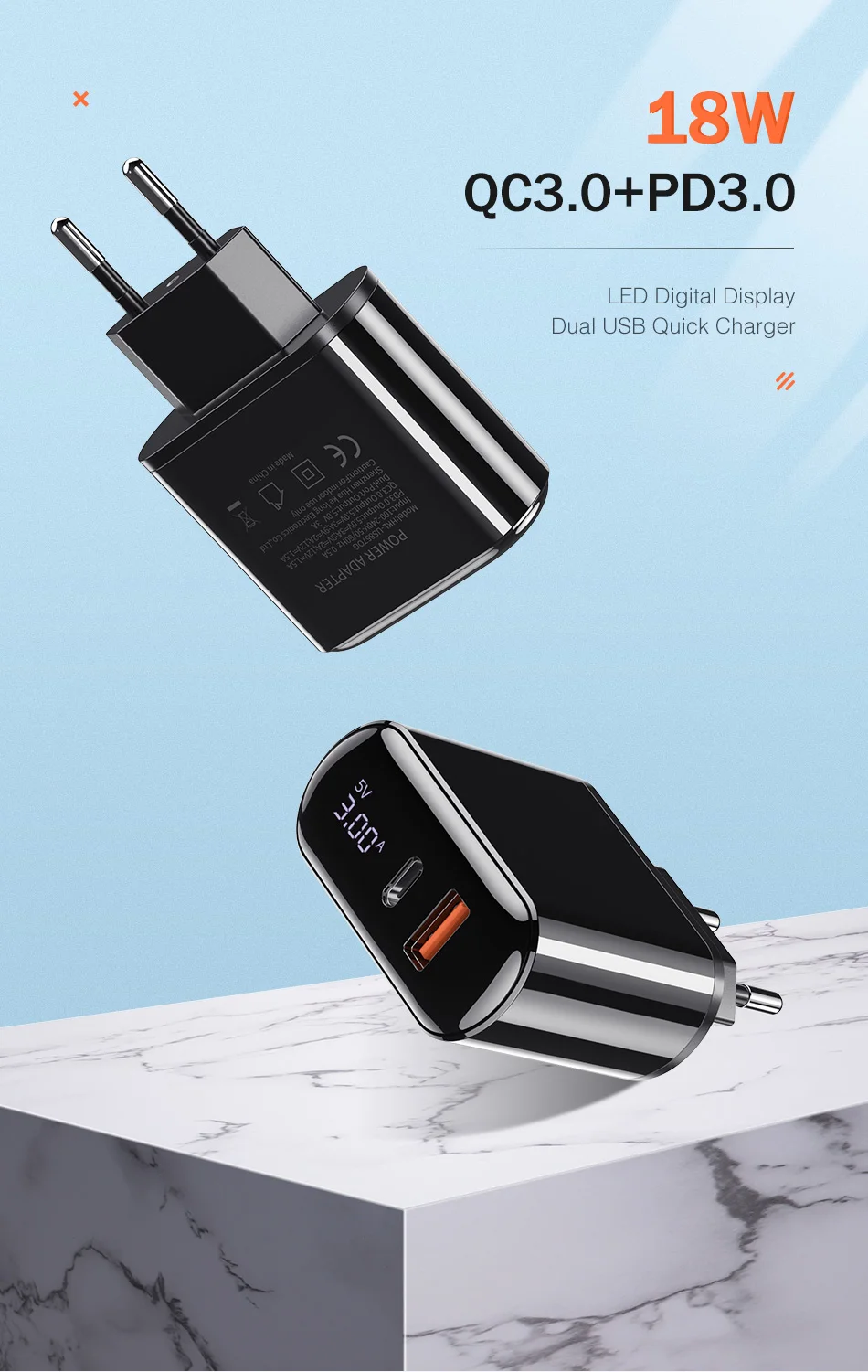 YKZ 18 Вт Быстрая зарядка 3,0 USB зарядное устройство светодиодный дисплей QC3.0 QC Тип C PD Быстрая зарядка путешествия настенное зарядное устройство для iPhone X 8 samsung S10