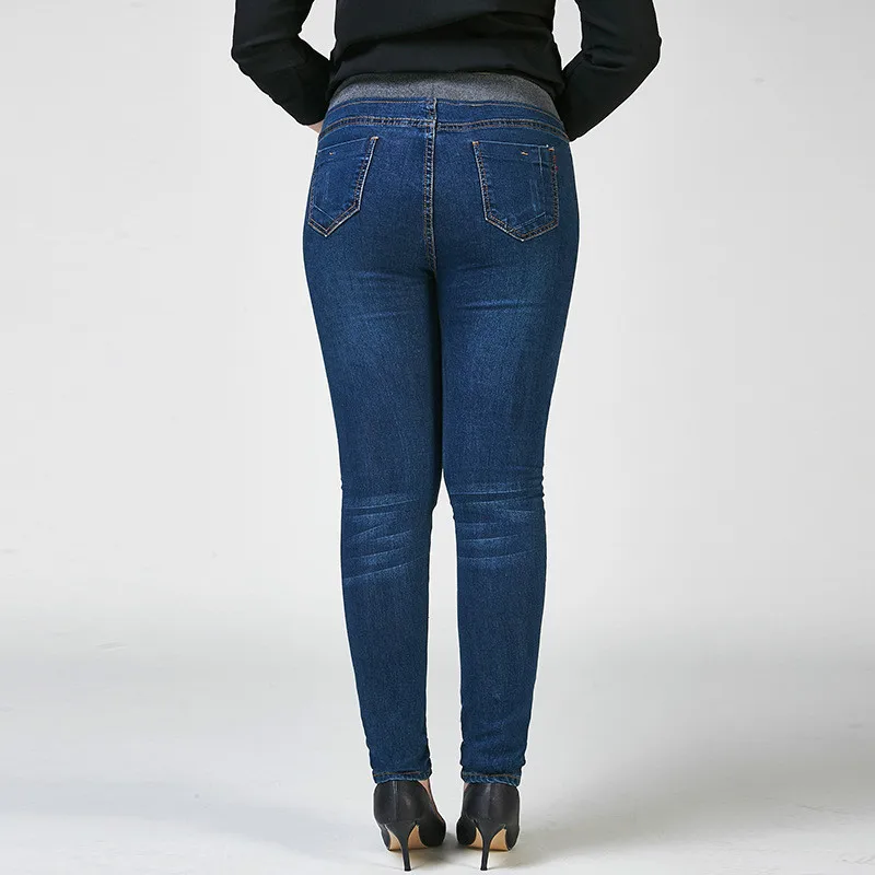 

Elastic Waist Plus Size Velvet Jeans Pockets Winter Denim Pants Solid Casual Fleece Trousers TC9813
